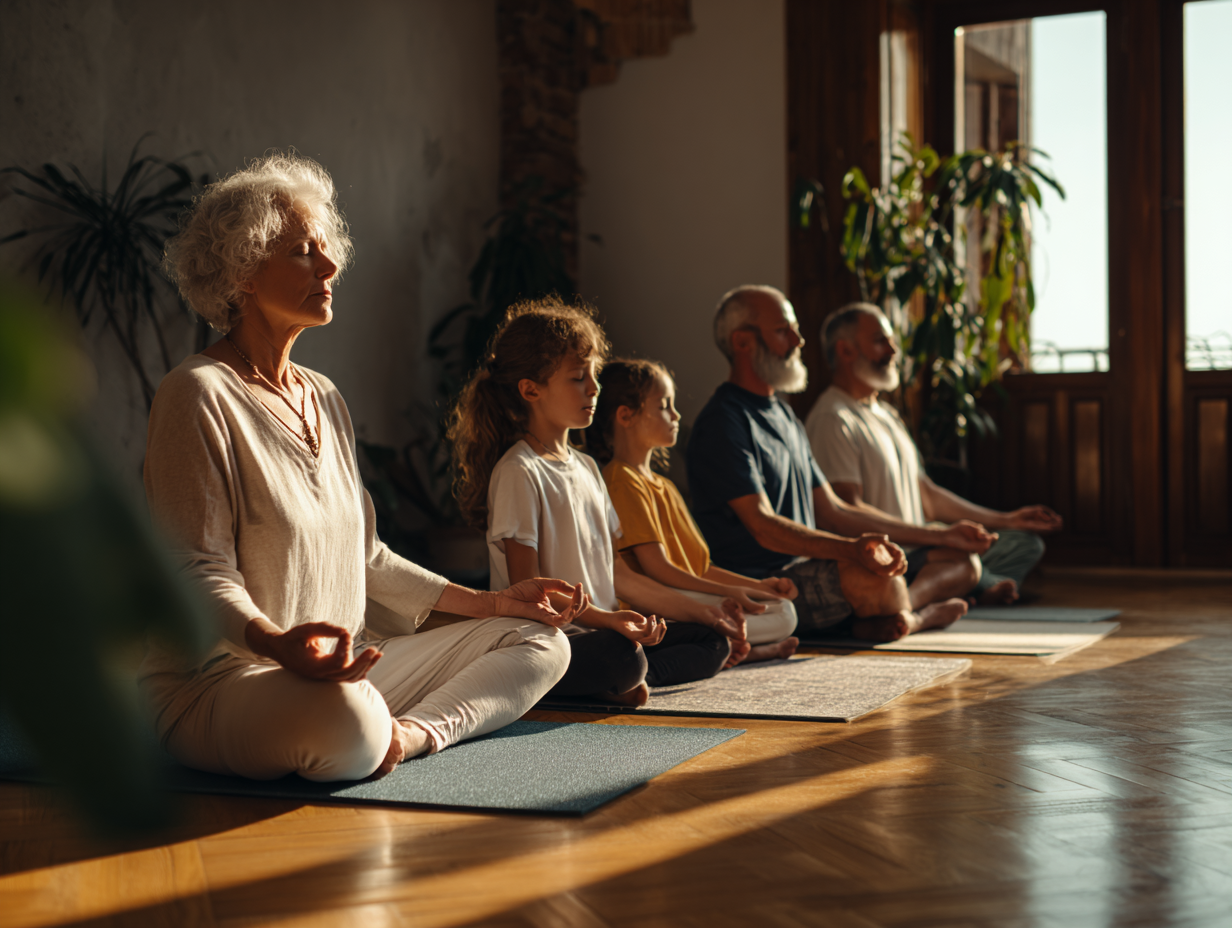 Команда інструкторів vornital різного віку практикує йогу разом у світлій студії з рослинами